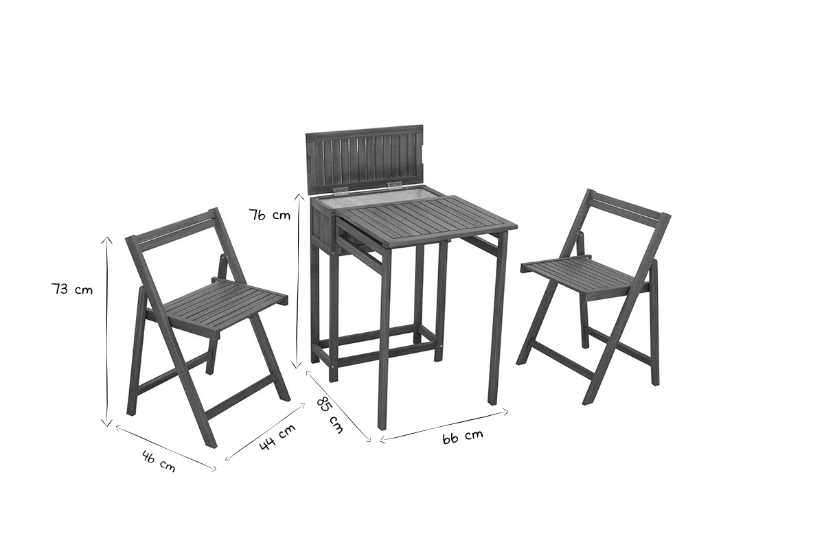 Set de 2 chaises pliantes et 1 table de balcon rabattable avec rangement en bois massif PRADO