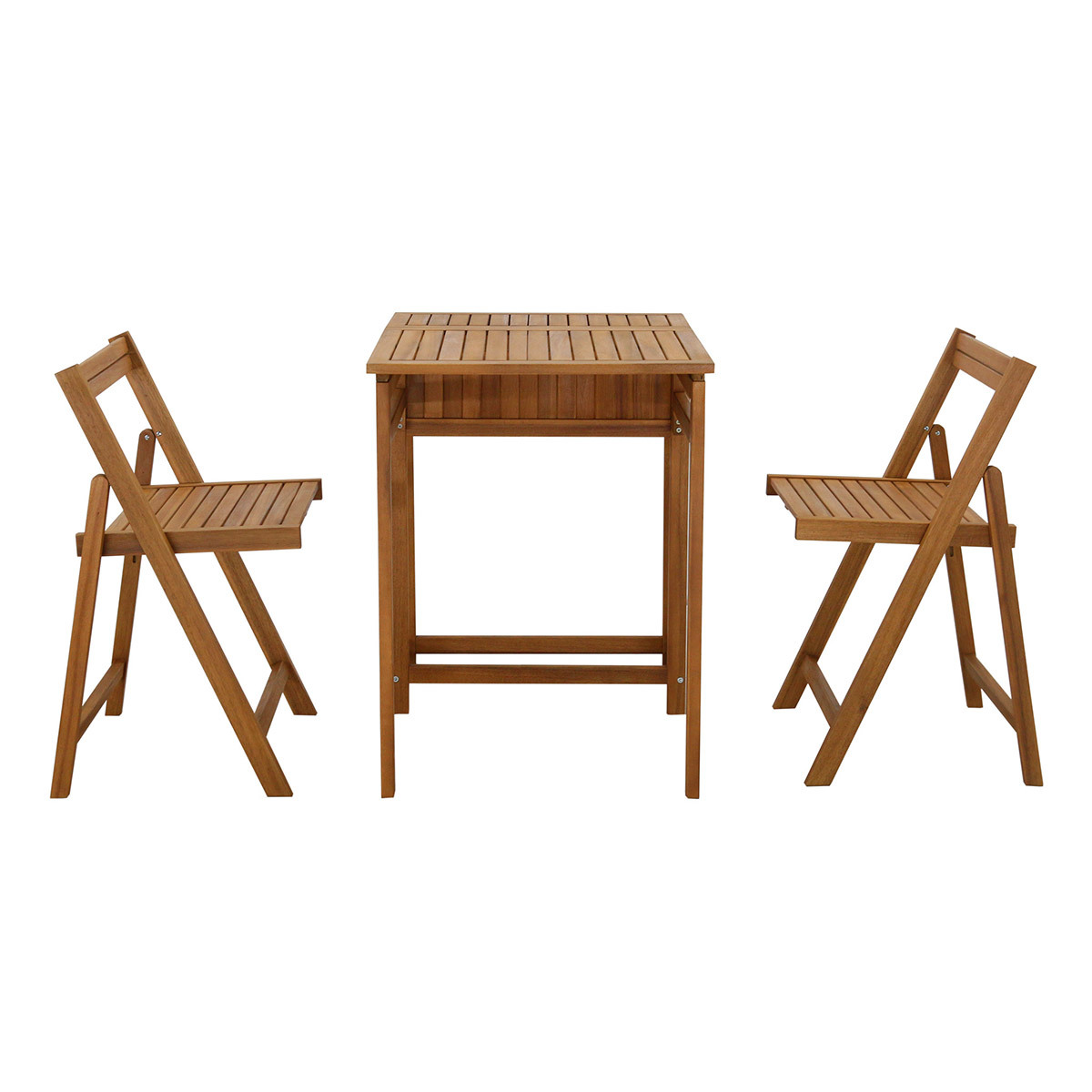 Set de 2 chaises pliantes et 1 table de balcon rabattable avec rangement en bois massif PRADO