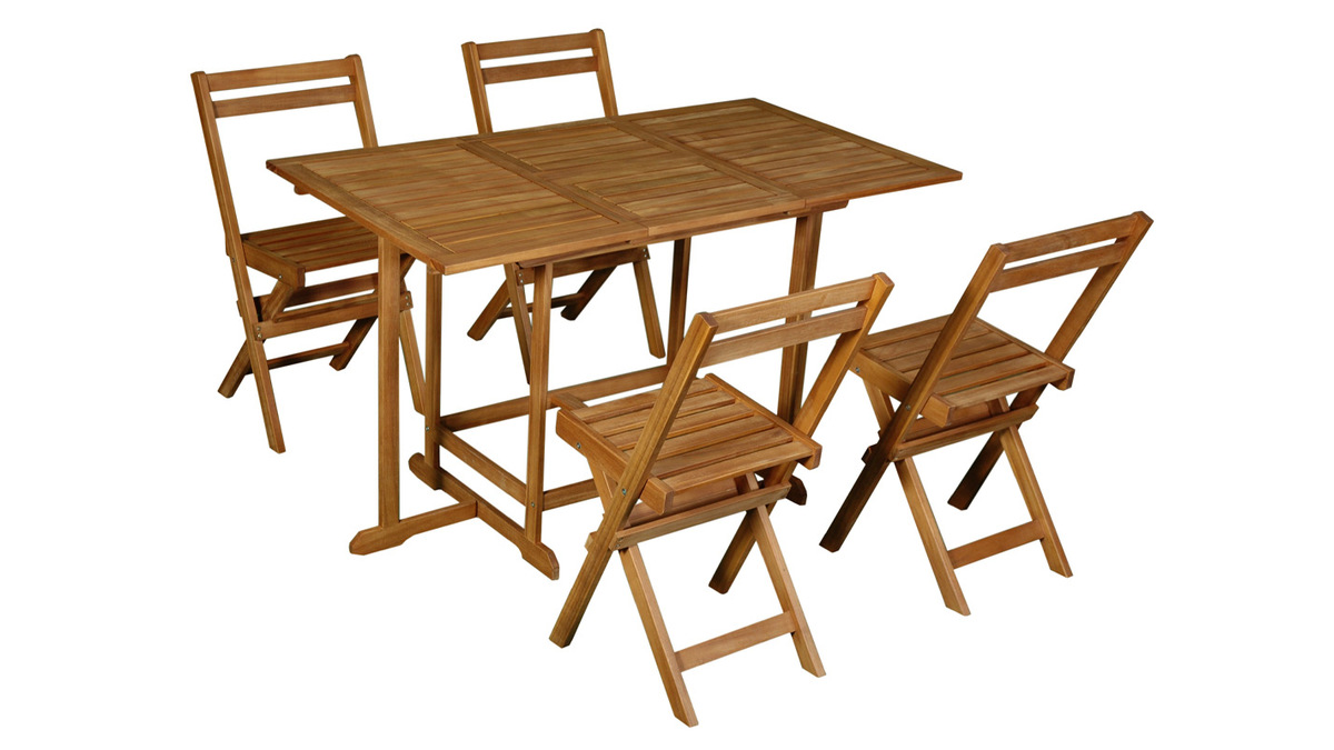 Set d'une table extensible avec rangements et de 4 chaises pliantes en bois massif CARMEN