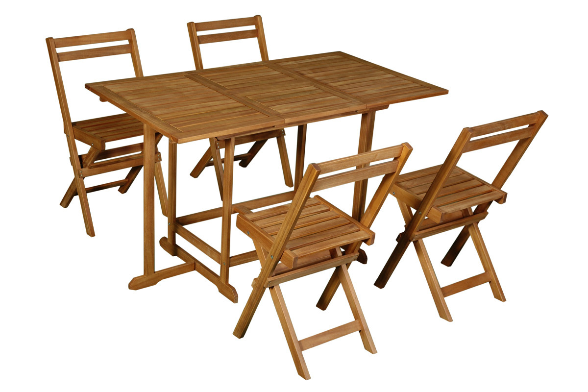 Set d'une table extensible avec rangements et de 4 chaises pliantes en bois massif CARMEN