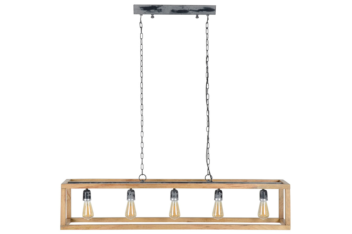 Suspension avec chanes mtalliques et cadre en bois manguier massif 5 ampoules L125 cm BOSCO