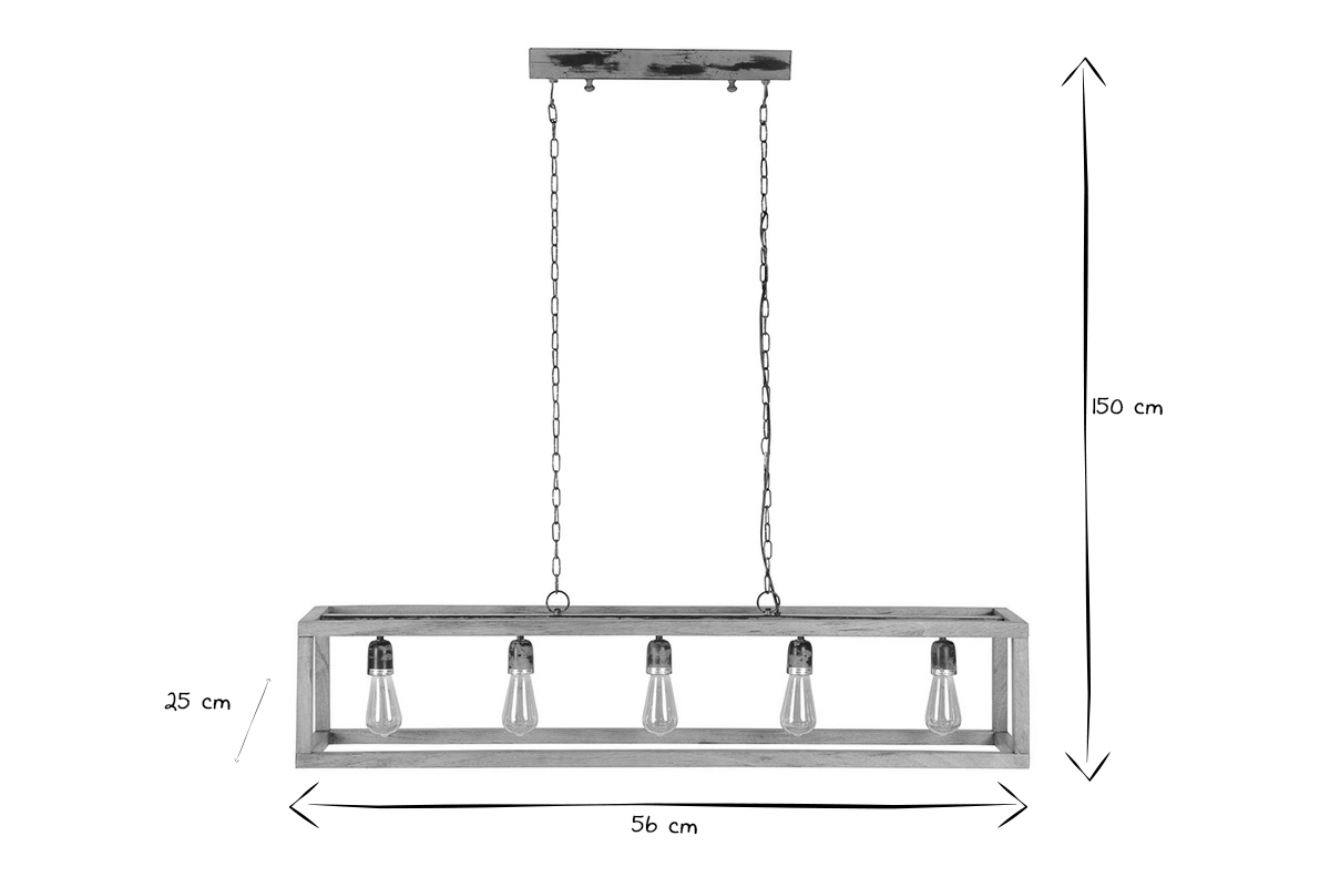 Suspension avec chanes mtalliques et cadre en bois manguier massif 5 ampoules L125 cm BOSCO