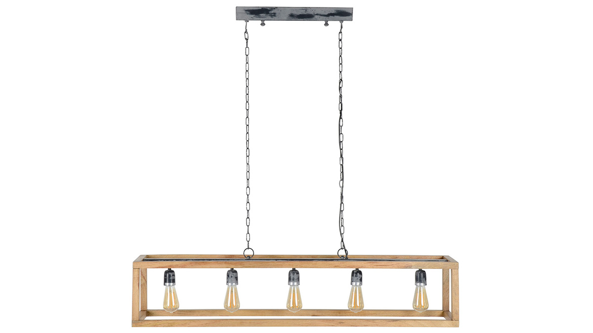 Suspension avec chanes mtalliques et cadre en bois manguier massif 5 ampoules L125 cm BOSCO