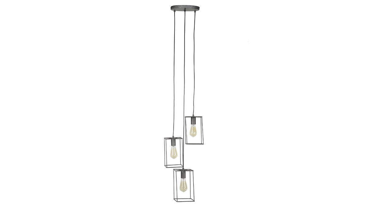 Suspension design 3 lampes en mtal finition argent ancien ARCHI