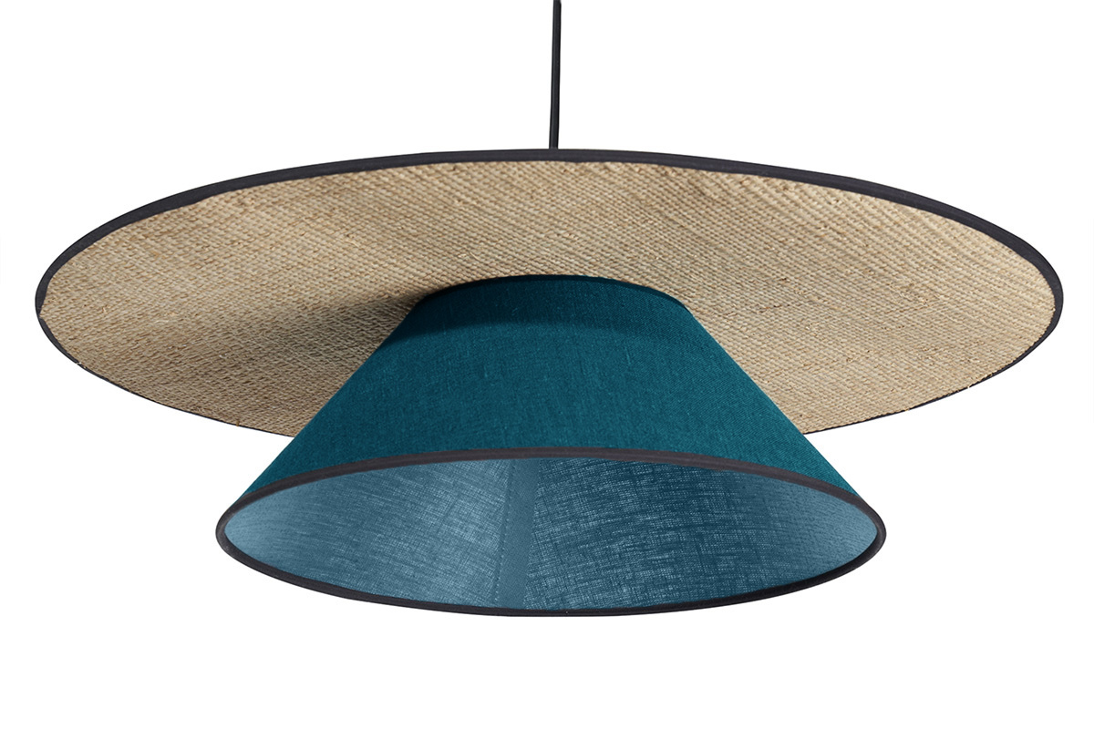 Suspension en lin bleu paon et rabane naturelle D55 cm AZAMI