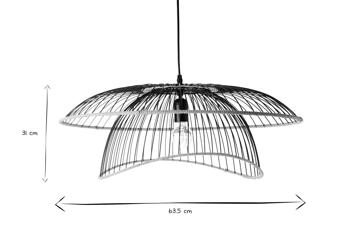 Suspension en mtal noir et rotin naturel D64 cm STEAM