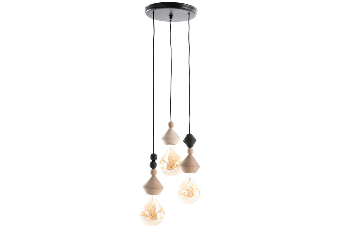 Suspension fils 3 lampes avec perles en bois massif L34 cm AKOYA