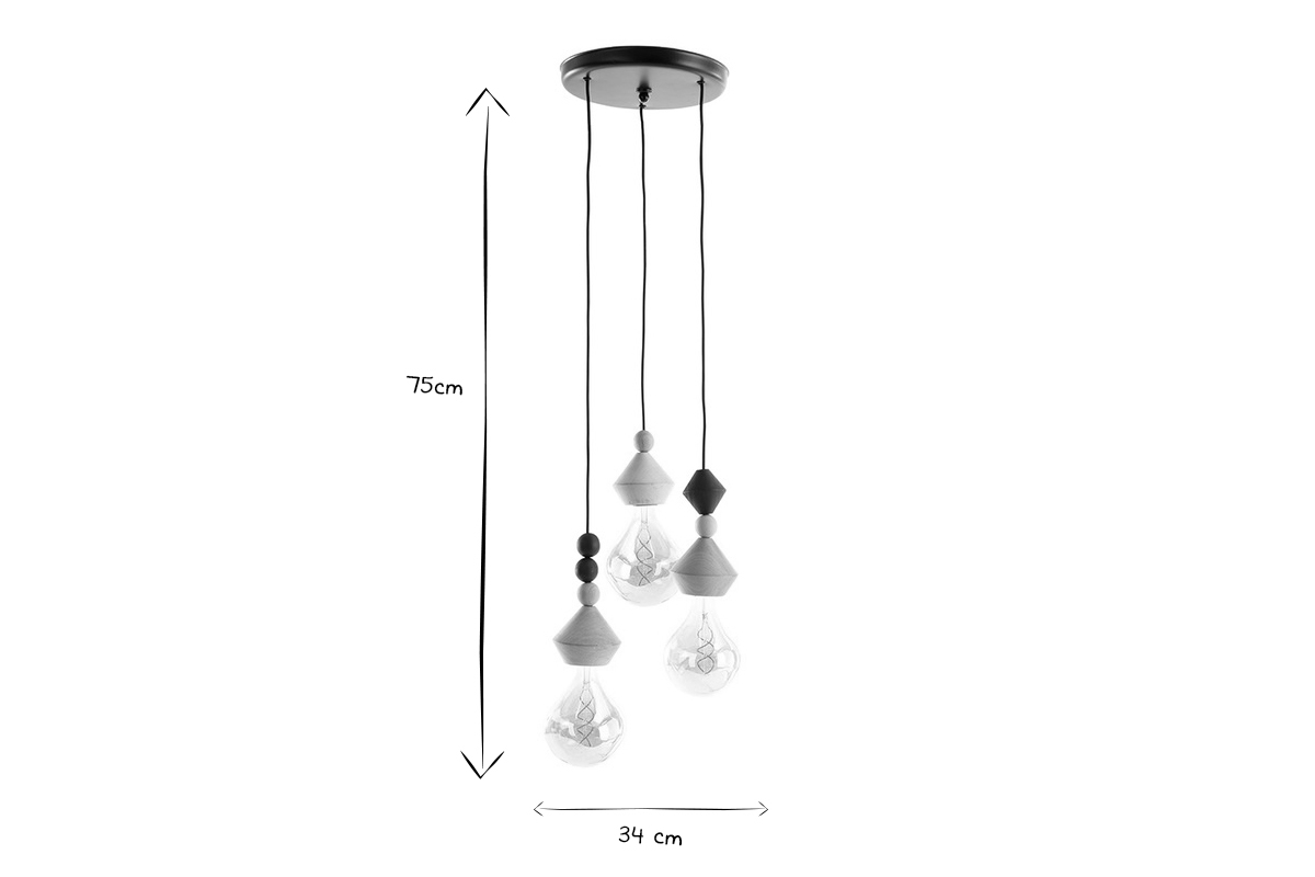 Suspension fils 3 lampes avec perles en bois massif L34 cm AKOYA