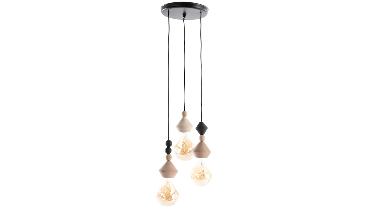 Suspension fils 3 lampes avec perles en bois massif L34 cm AKOYA