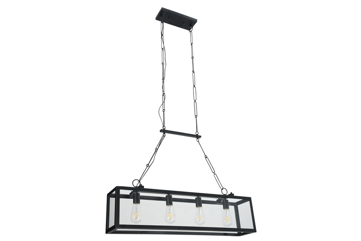 Suspension industrielle 4 lampes mtal noir verre GALERIA