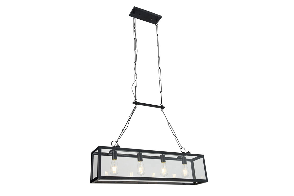 Suspension industrielle 4 lampes mtal noir verre GALERIA