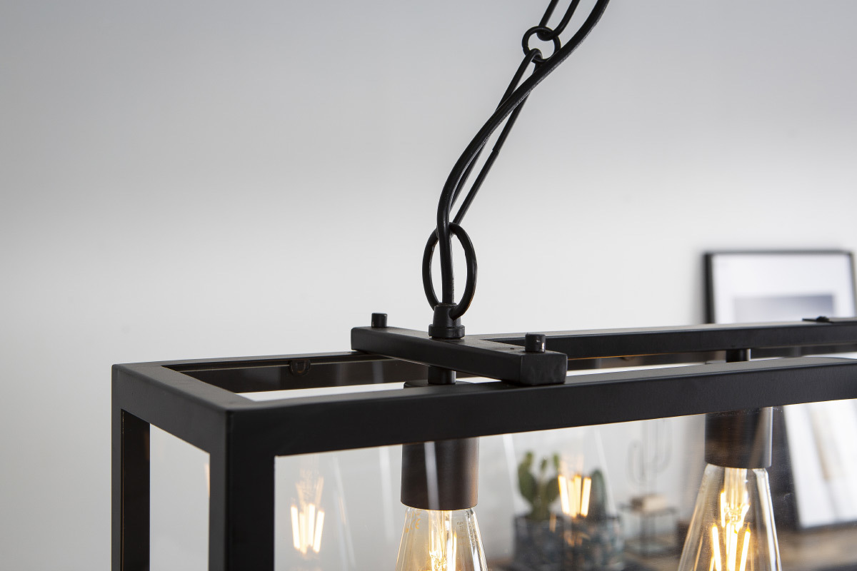 Suspension industrielle 4 lampes mtal noir verre GALERIA