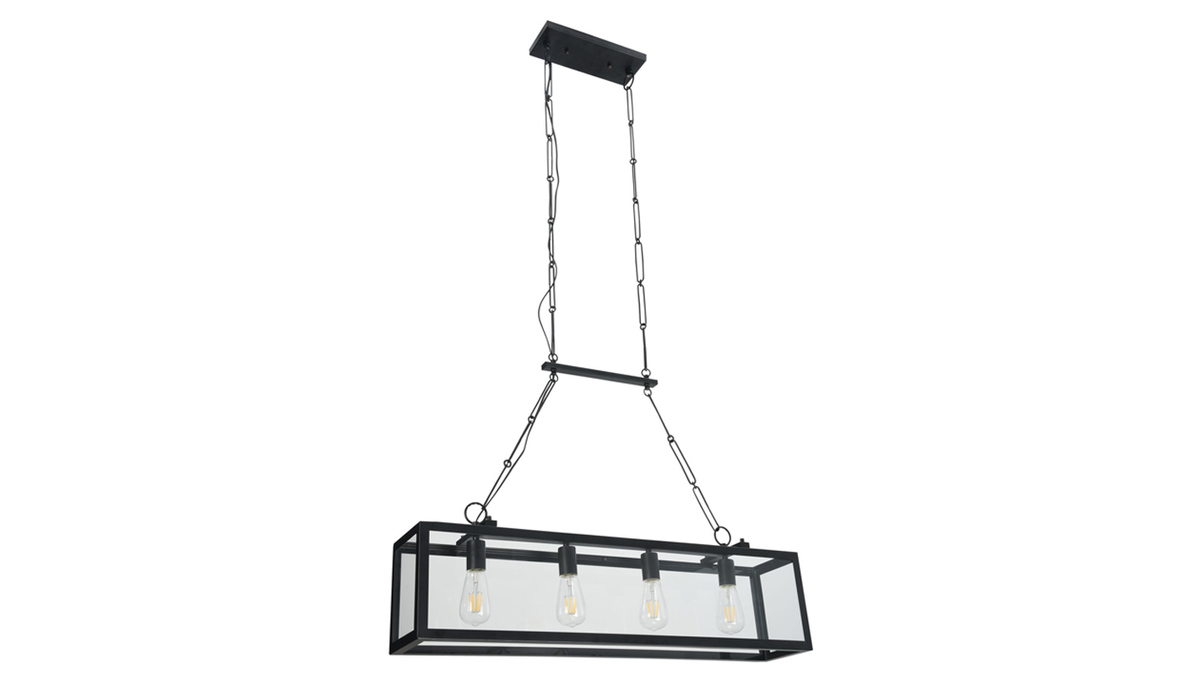 Suspension industrielle 4 lampes mtal noir verre GALERIA