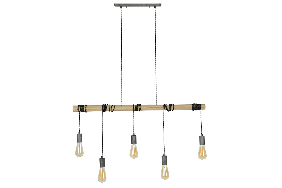 Suspension industrielle 5 ampoules sur bambou LUCE