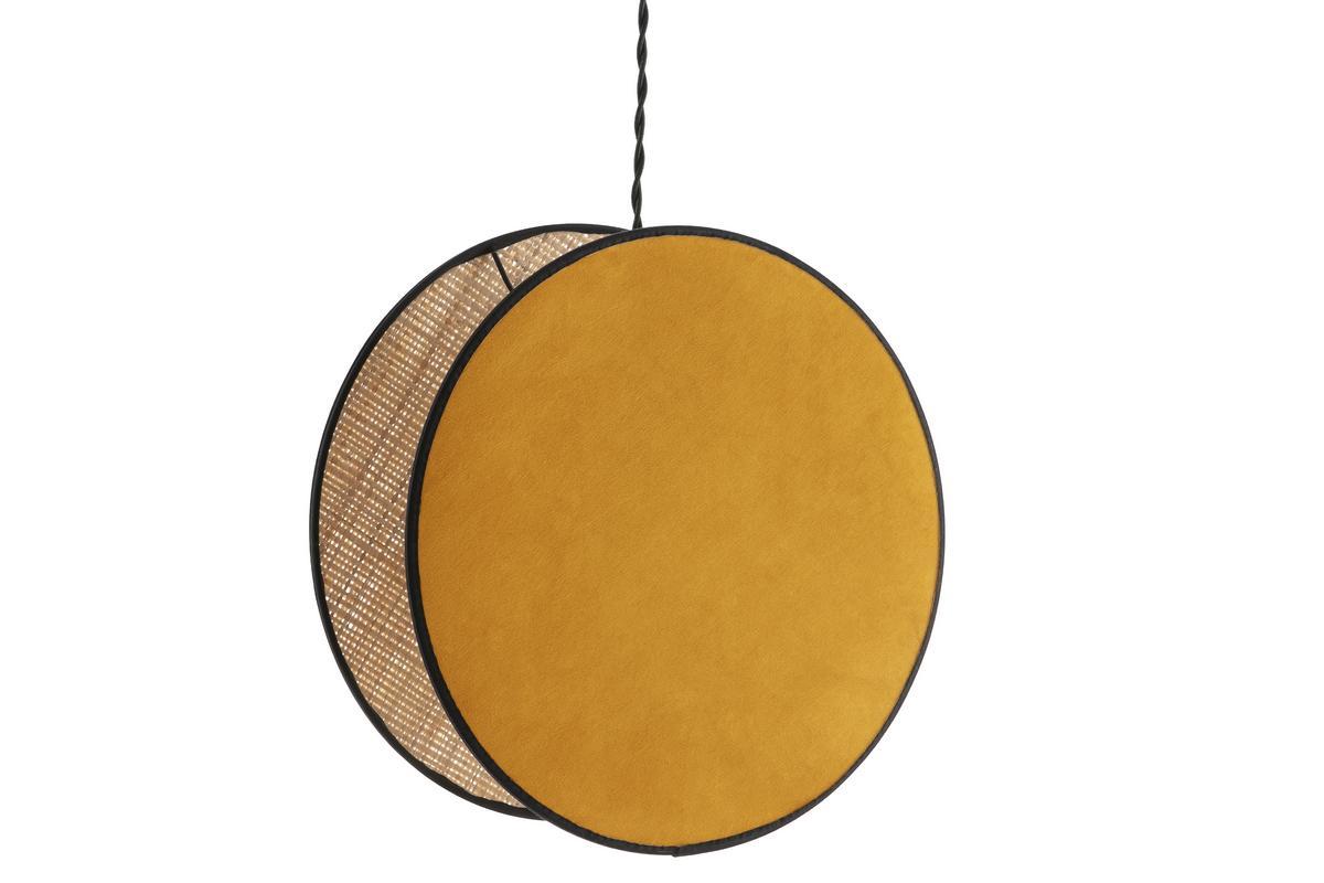 Suspension ronde bi-matire en tissu velours jaune moutarde et rabane naturelle D35 cm VERSO