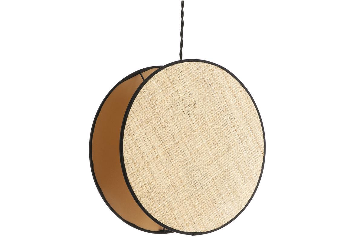 Suspension ronde bi-matire en tissu velours jaune moutarde et rabane naturelle D35 cm VERSO