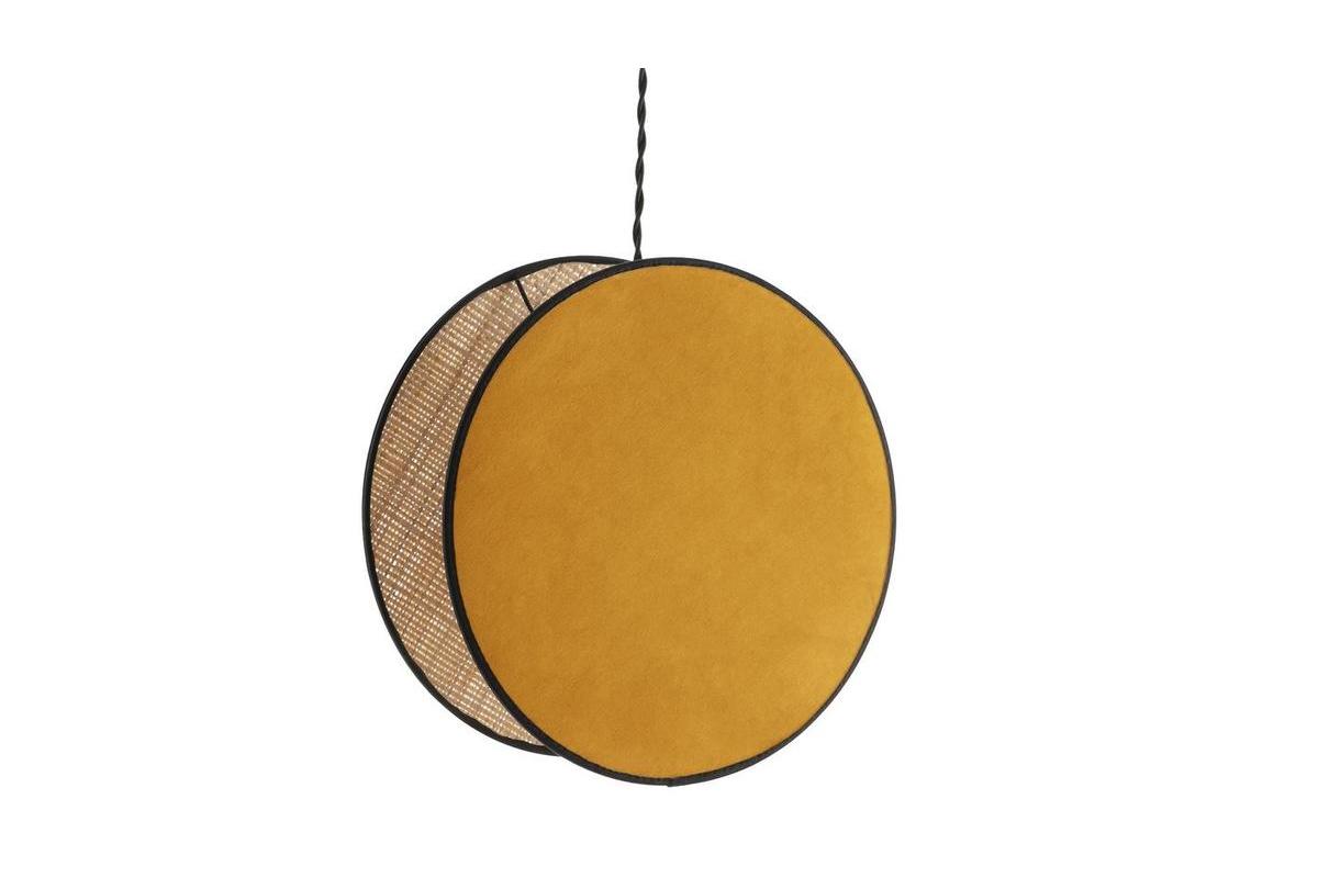 Suspension ronde bi-matire en tissu velours jaune moutarde et rabane naturelle D35 cm VERSO