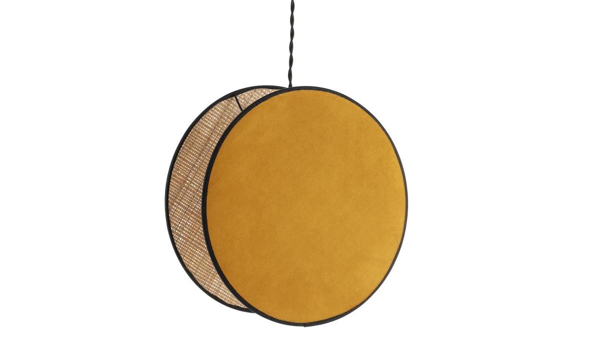 Suspension ronde bi-matire en tissu velours jaune moutarde et rabane naturelle D35 cm VERSO