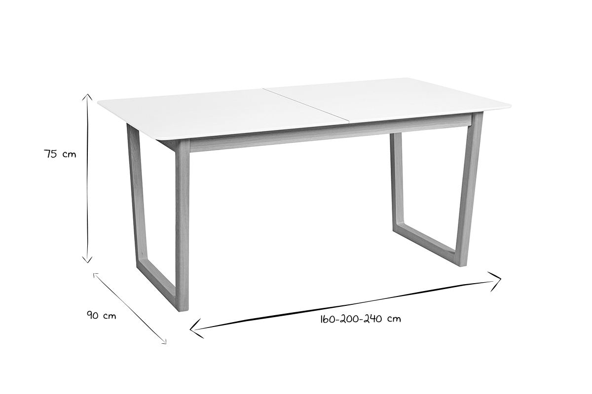 Table  manger extensible rectangulaire rallonges intgres finition blanc et bois clair chne massif L160-240 cm LAHO