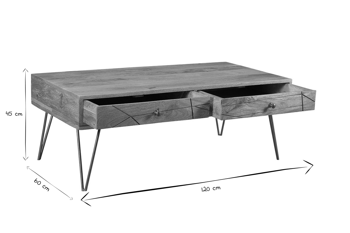 Table basse 2 tiroirs grave bois manguier massif et mtal dor L120 cm LINIUM