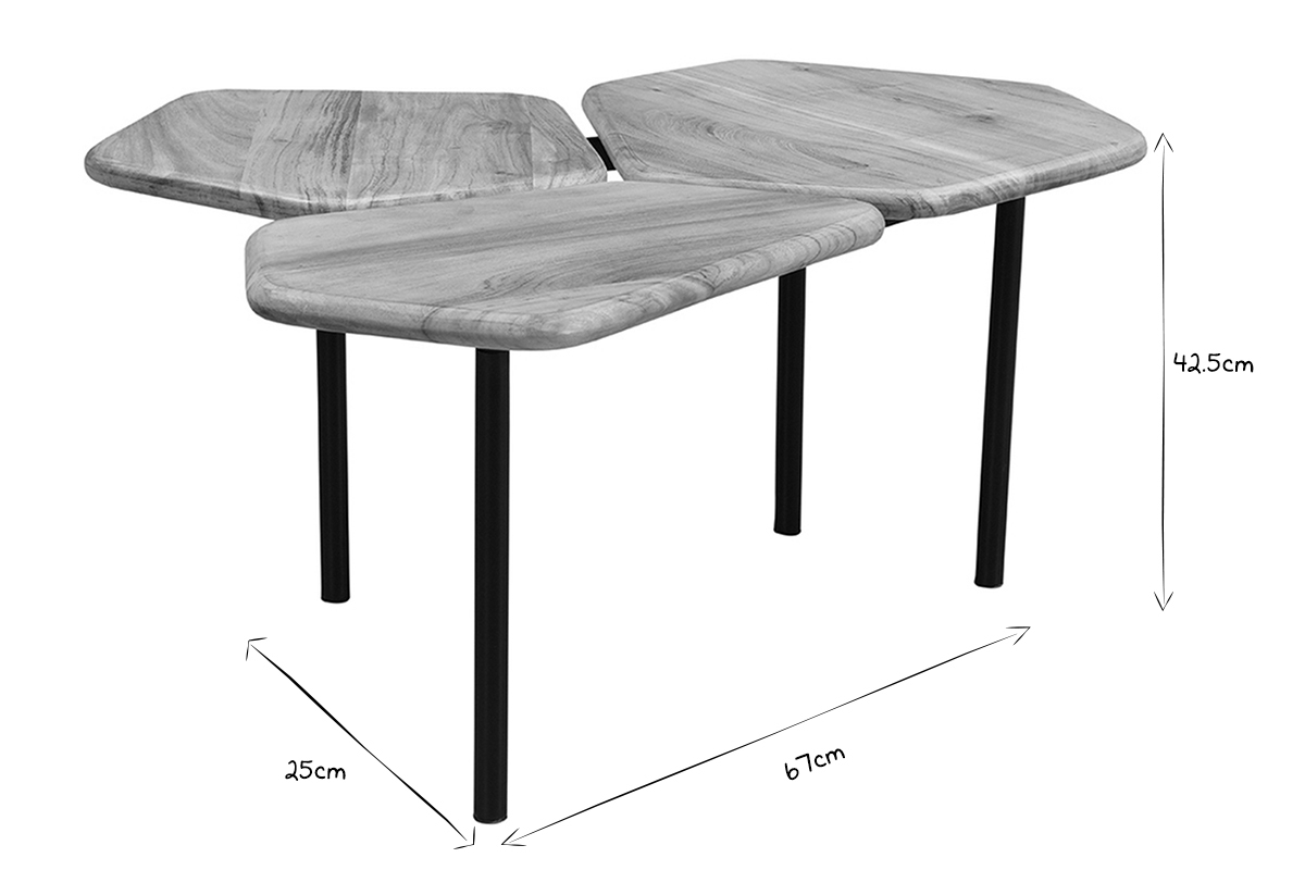 Table basse 3 plateaux bois massif et mtal noir L95 cm SUZANE