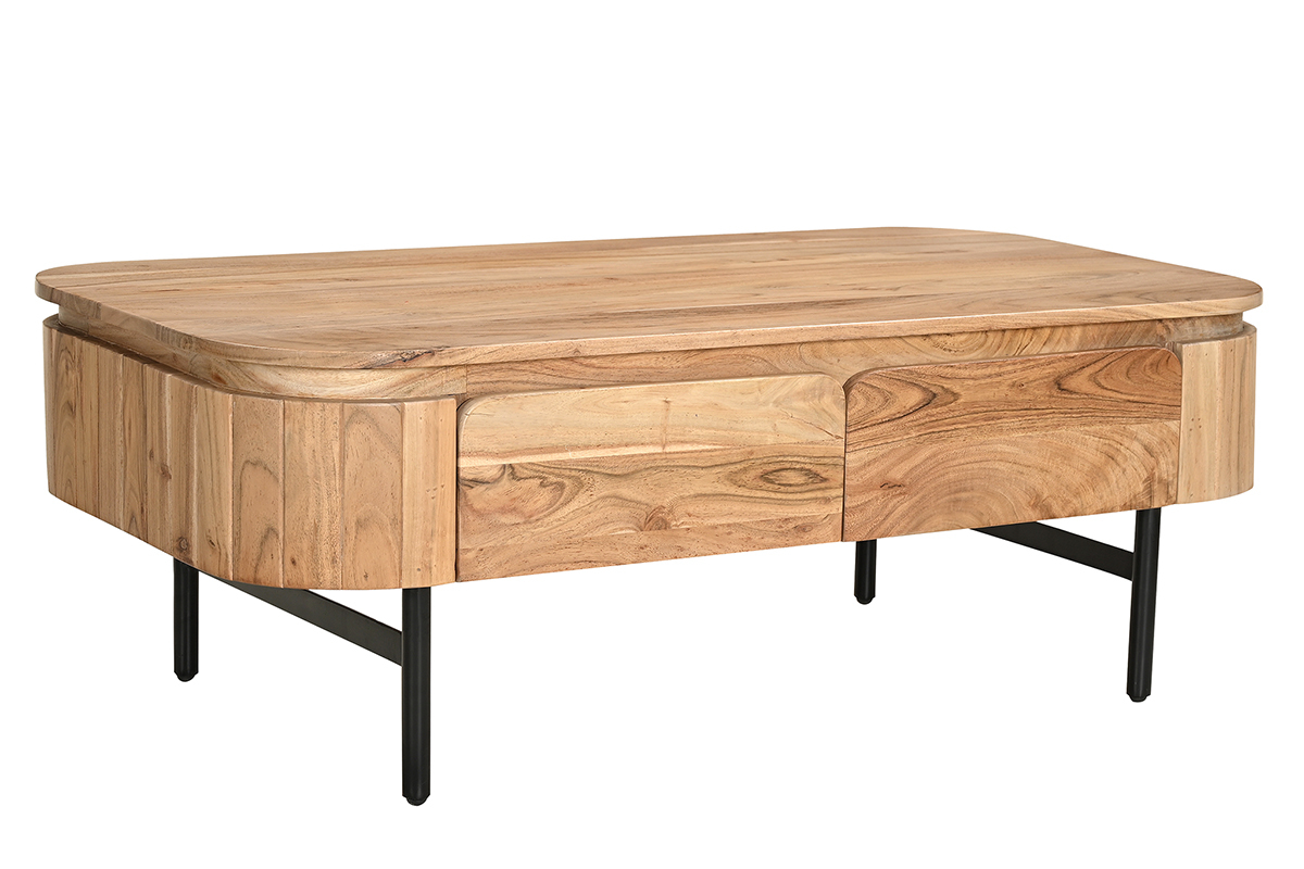 Table basse avec rangements en bois massif et mtal noir 4 tiroirs L115 cm NAPOLI