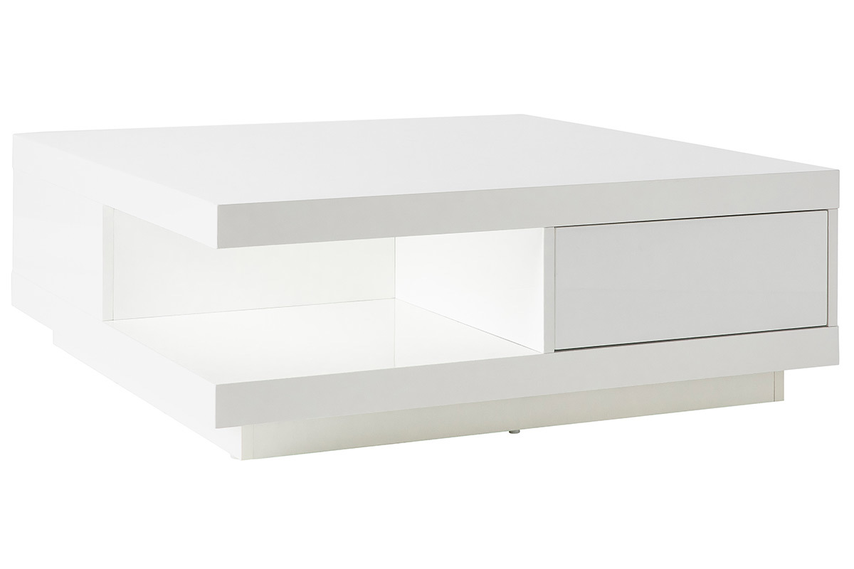 Table basse carre avec rangements 2 tiroirs design blanc laque L85 cm KARY