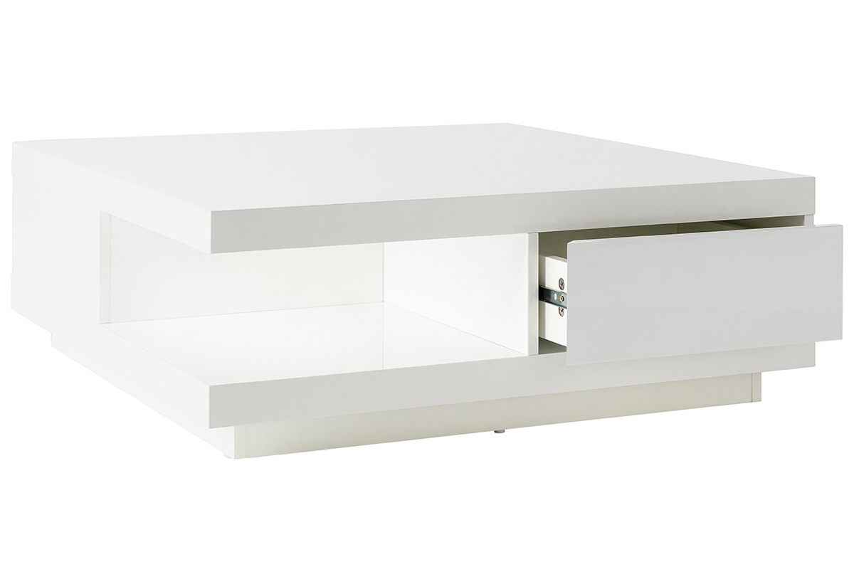 Table basse carre avec rangements 2 tiroirs design blanc laque L85 cm KARY