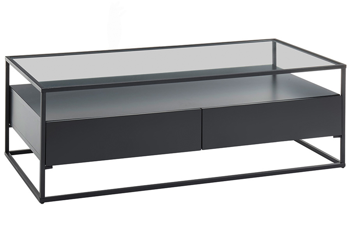 Table basse design avec plateau verre et tiroirs noirs FINN