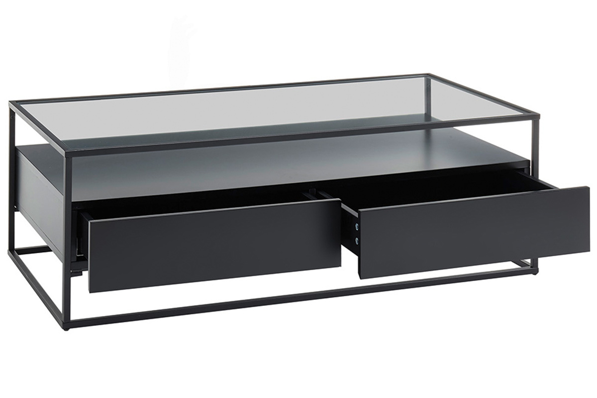 Table basse design avec plateau verre et tiroirs noirs FINN