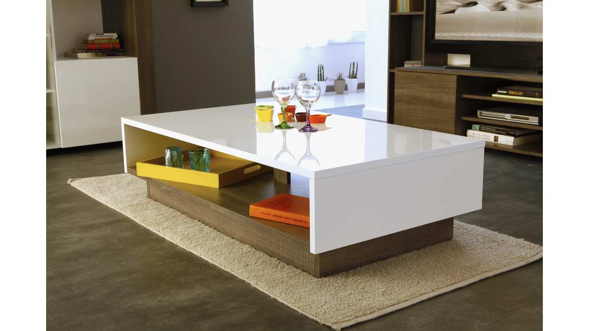 Table basse Design Bois et blanc brillant MOCA 