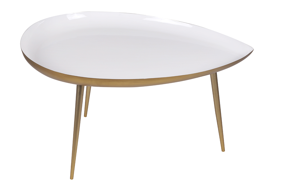 Table basse design en acier laqu blanc et dor L80 cm DROP