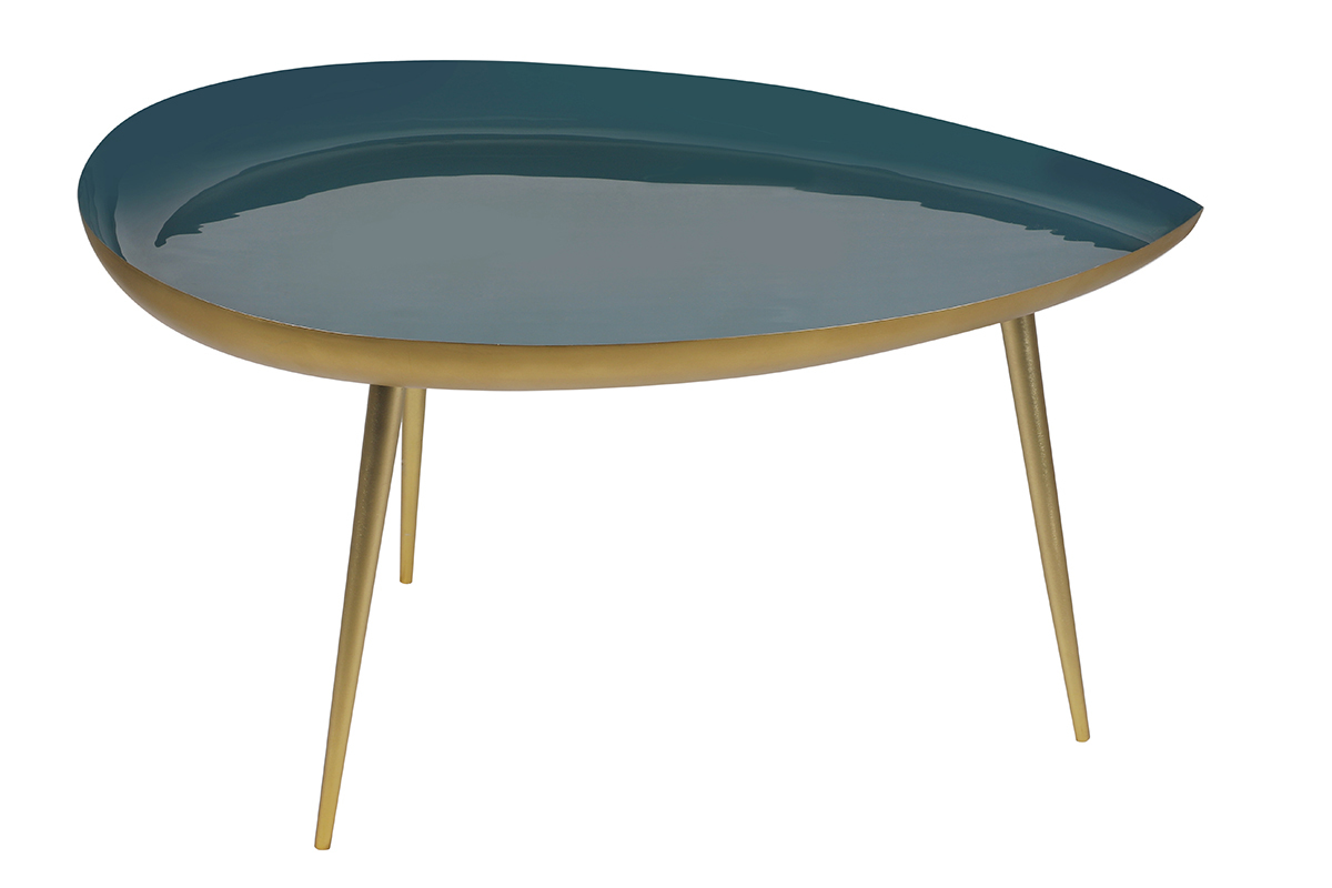 Table basse design en acier laqu bleu canard et dor L80 cm DROP