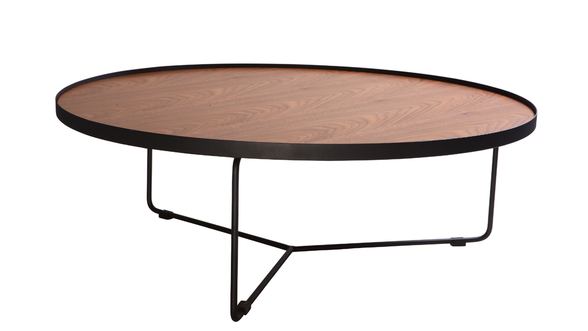 Table basse design ronde noyer et mtal noir 100cm SISKA