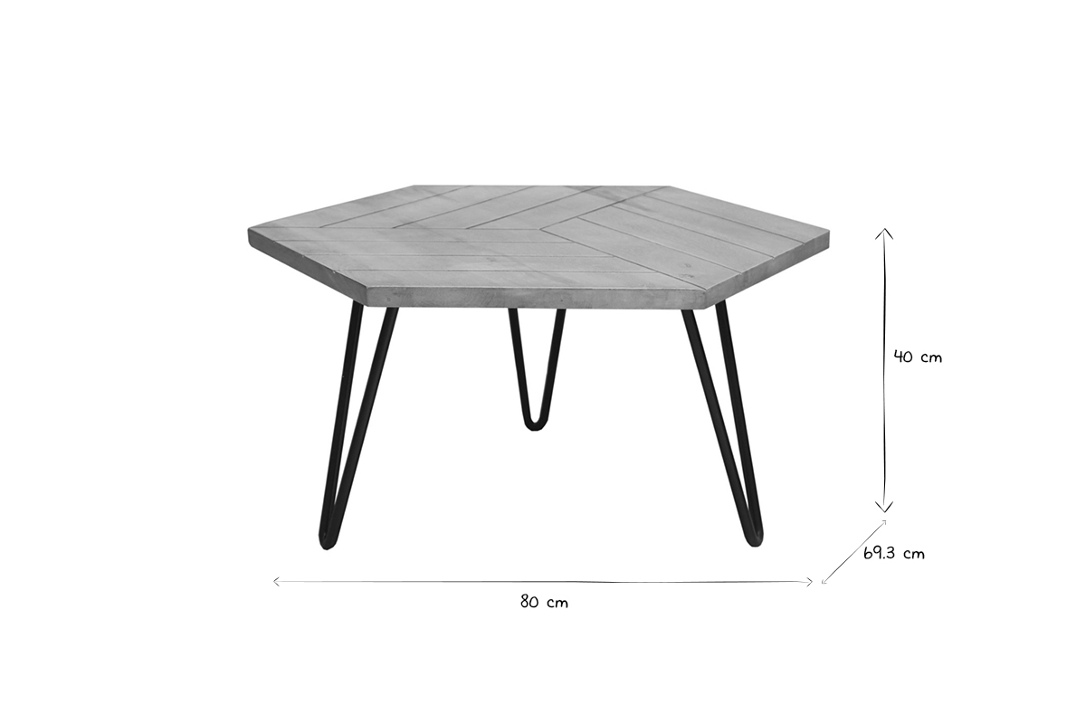 Table basse hexagonale grave bois manguier massif et mtal noir L80 cm VIBES