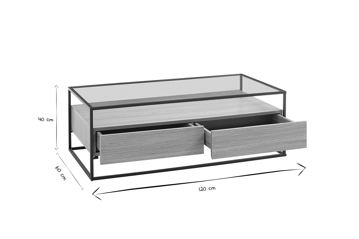 Table basse rectangulaire 2 tiroirs verre tremp, bois clair finition chne et mtal noir FINN