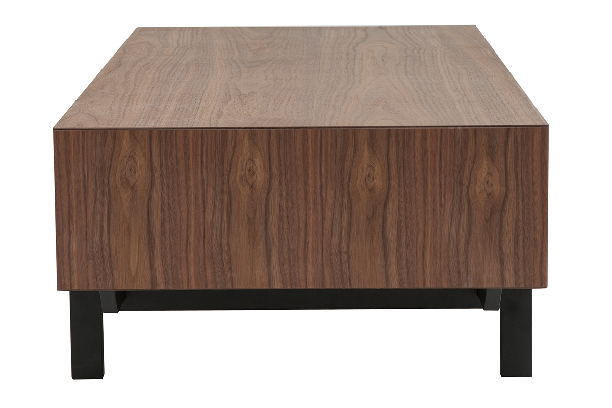 Table basse rectangulaire avec rangements 2 tiroirs bois fonc noyer et mtal noir L120 CM MANNY