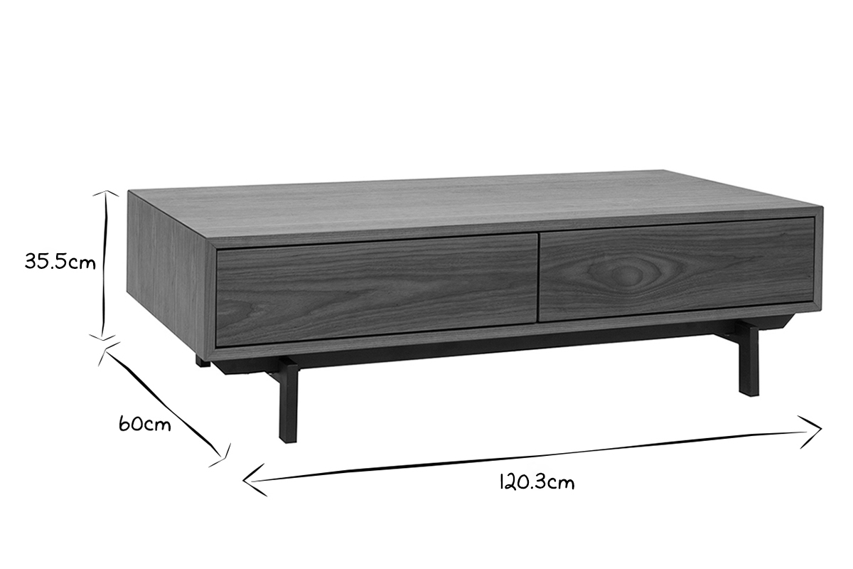 Table basse rectangulaire avec rangements 2 tiroirs bois fonc noyer et mtal noir L120 CM MANNY