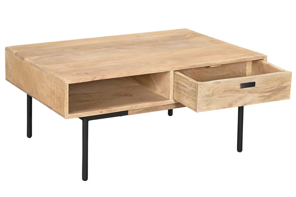 Table basse rectangulaire avec rangements 2 tiroirs en bois manguier massif et mtal noir L100 cm JUDE