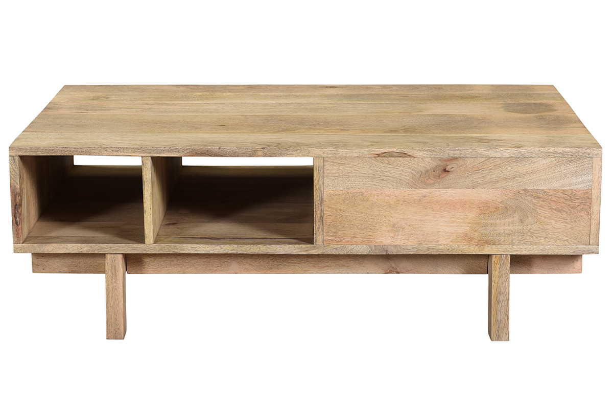 Table basse rectangulaire avec rangements bois manguier massif grav et dtails dors L100 cm ZAIKA