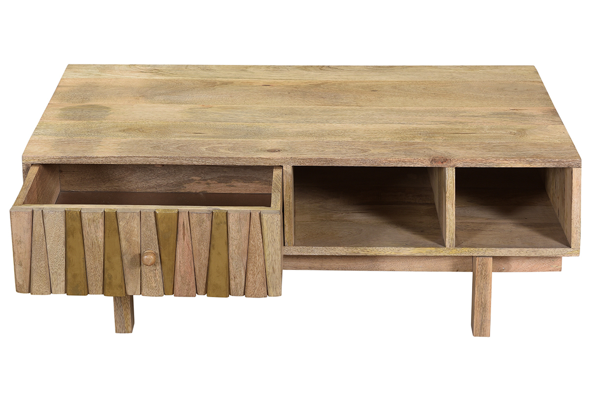 Table basse rectangulaire avec rangements bois manguier massif grav et dtails dors L100 cm ZAIKA