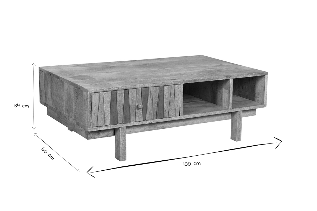 Table basse rectangulaire avec rangements bois manguier massif grav et dtails dors L100 cm ZAIKA