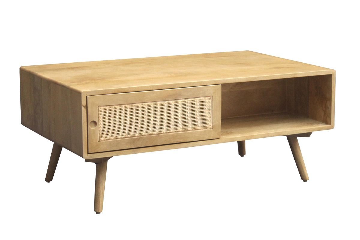 Table basse rectangulaire avec rangements en bois manguier massif et cannage rotin L100 cm ACANGE