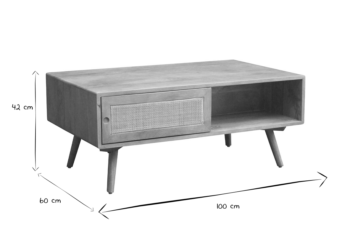 Table basse rectangulaire avec rangements en bois manguier massif et cannage rotin L100 cm ACANGE