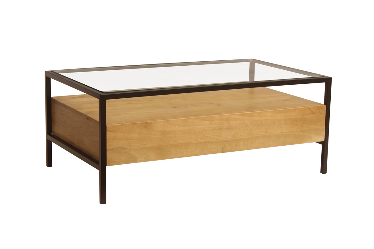 Table basse rectangulaire avec rangements en bois manguier massif, verre et mtal noir L100 cm SITA