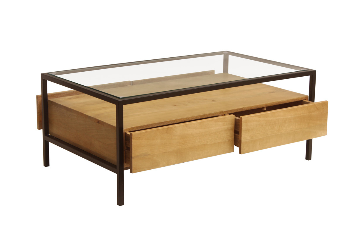 Table basse rectangulaire avec rangements en bois manguier massif, verre et mtal noir L100 cm SITA