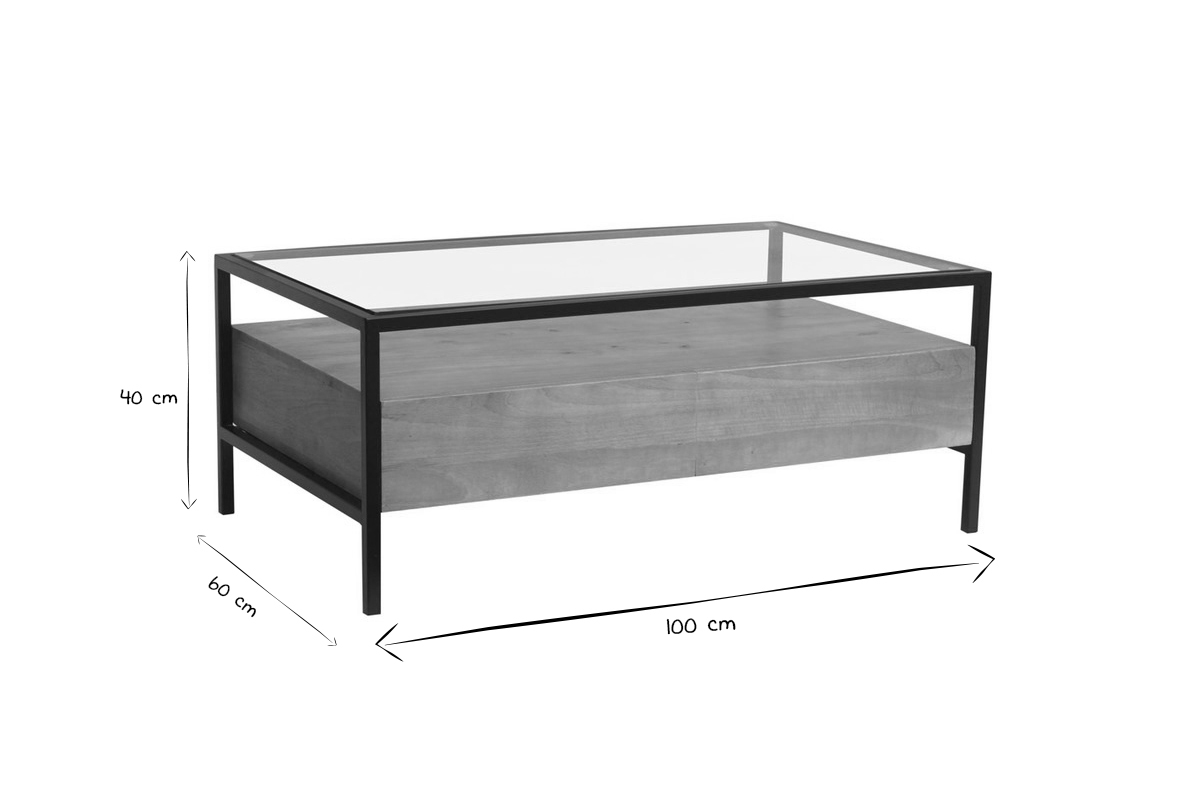 Table basse rectangulaire avec rangements en bois manguier massif, verre et mtal noir L100 cm SITA