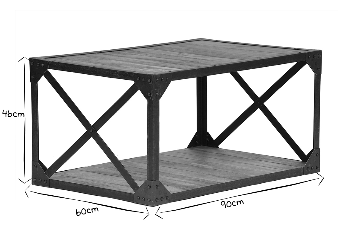 Table basse rectangulaire industrielle bois manguier massif et mtal noir L90 cm ATELIER