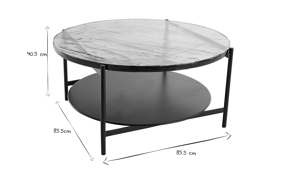 Table basse ronde avec double plateau en verre recycl et mtal noir D85 cm WELLE