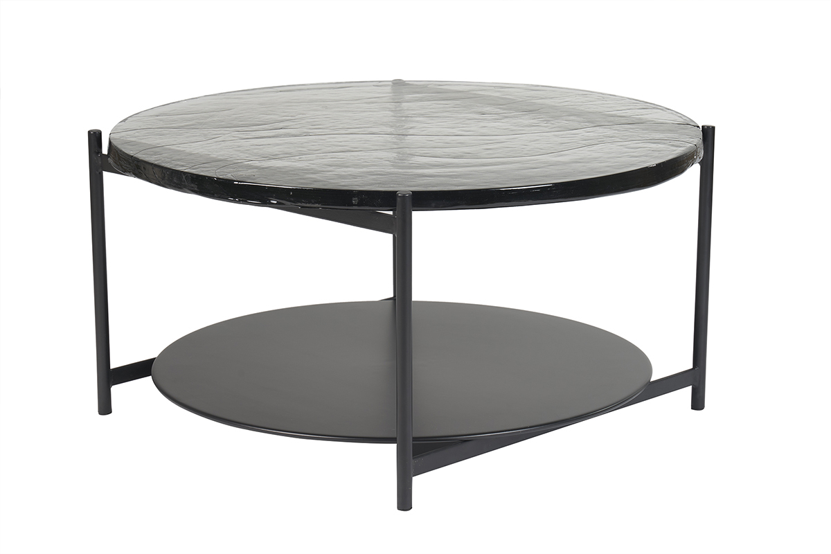 Table basse ronde avec double plateau en verre recycl et mtal noir D85 cm WELLE